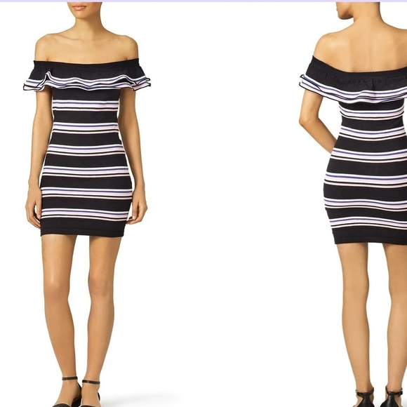 Gianni Bini Black, Blue, White, Burgundy Striped Ruffle Off the Shoulder Dress - Picture 15 of 16